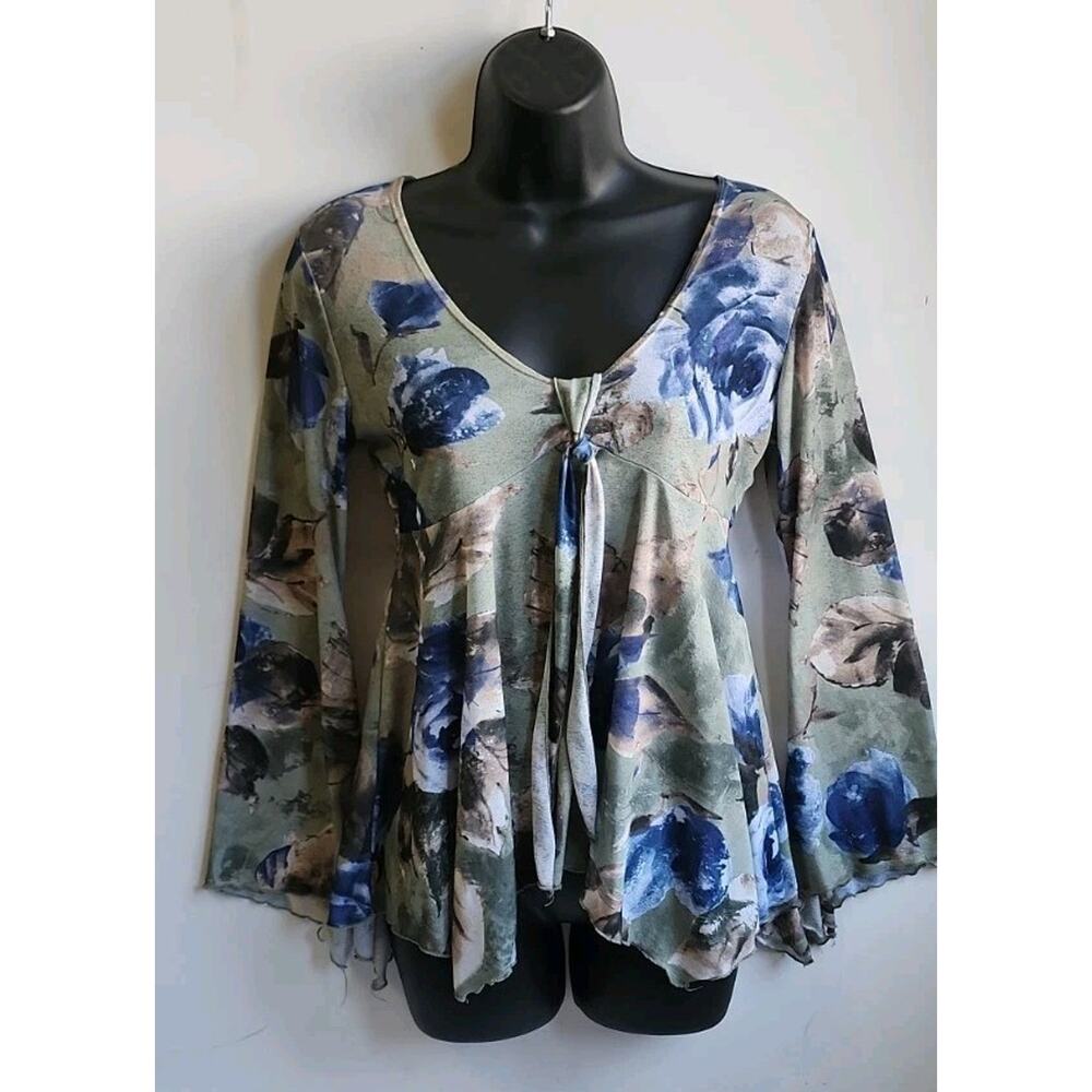 VNT Sheer Floral Shirt Womans M Tie Bell Sleeve Handkerchief Hem Boho Fairycore - Picture 16 of 16